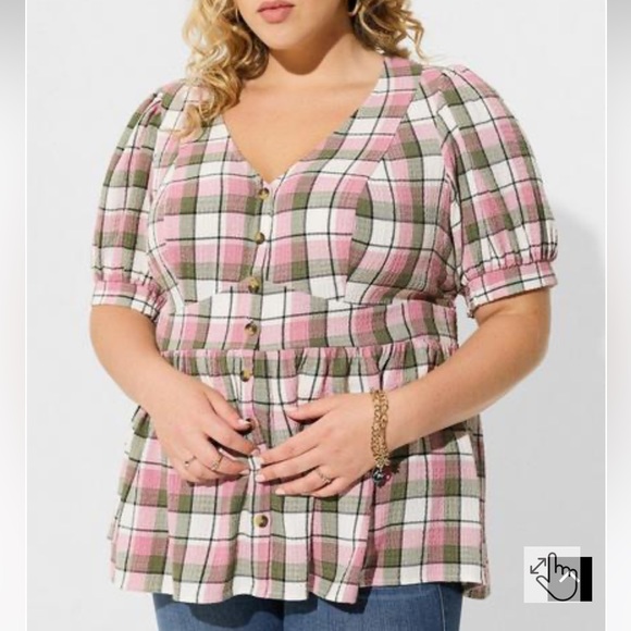 Torrid Pink & Green Plaid Babydoll Crinkle Flannel Gauze Button Short Sleeve NWT - Picture 2 of 8